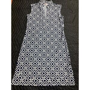Jude Connally Dress Womens Small Navy White Geometric Link Shift V-Neck